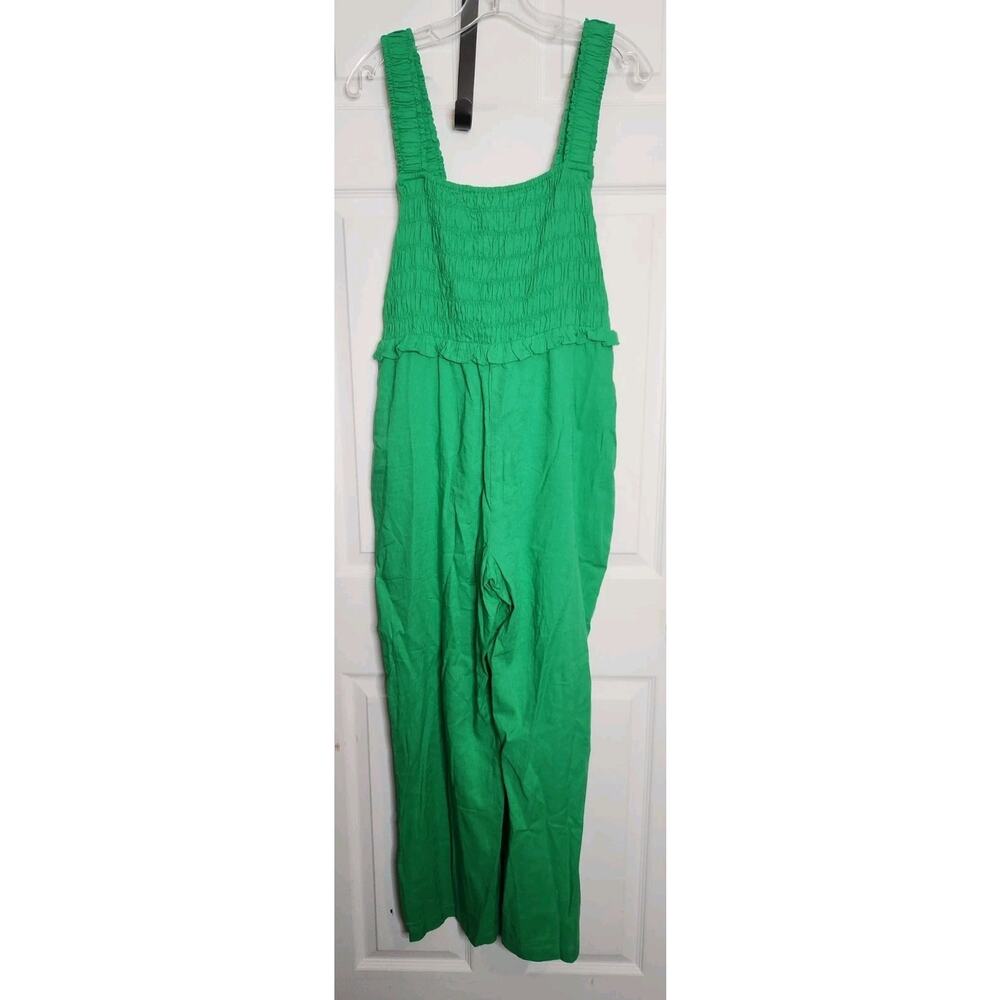 Anthropologie If By Sea Size L Jumpsuit Wide Leg Coastal Kelly Green Smocked NWT - Picture 2 of 15